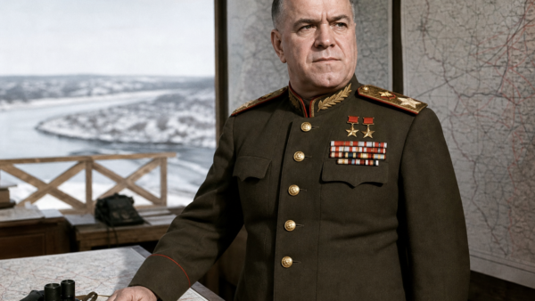Retrato histórico educativo de um marechal soviético diante de mapas militares e paisagem de inverno