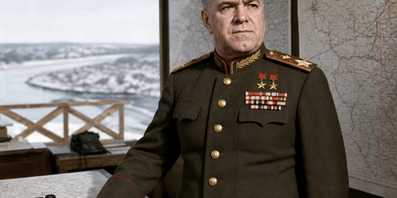 Retrato histórico educativo de um marechal soviético diante de mapas militares e paisagem de inverno