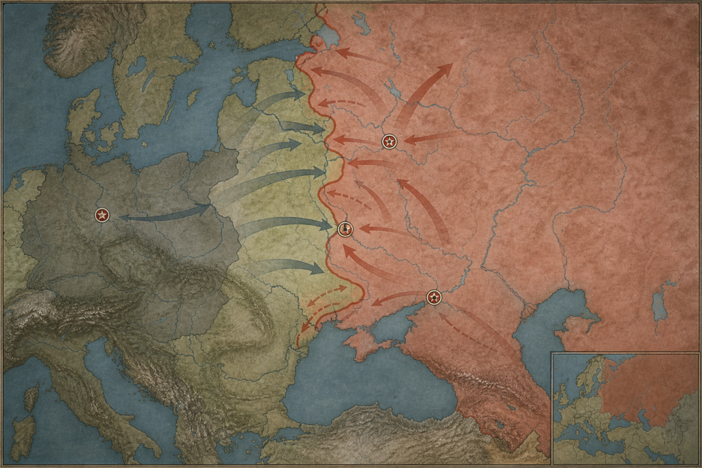 Mapa do front oriental com Moscou, Stalingrado, Kursk e Berlim destacados