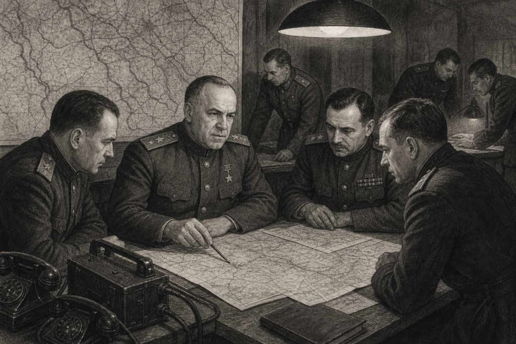 Oficiais soviéticos analisando mapas em uma sala de planejamento durante a Segunda Guerra Mundial