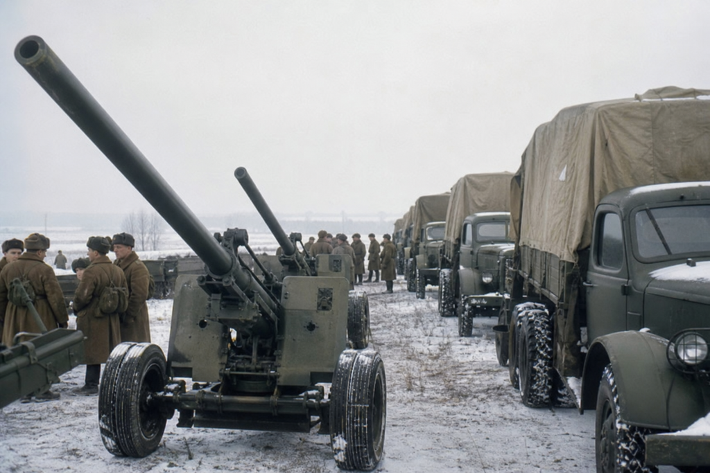 Artilharia soviética e caminhões logísticos em terreno nevado durante a Segunda Guerra Mundial