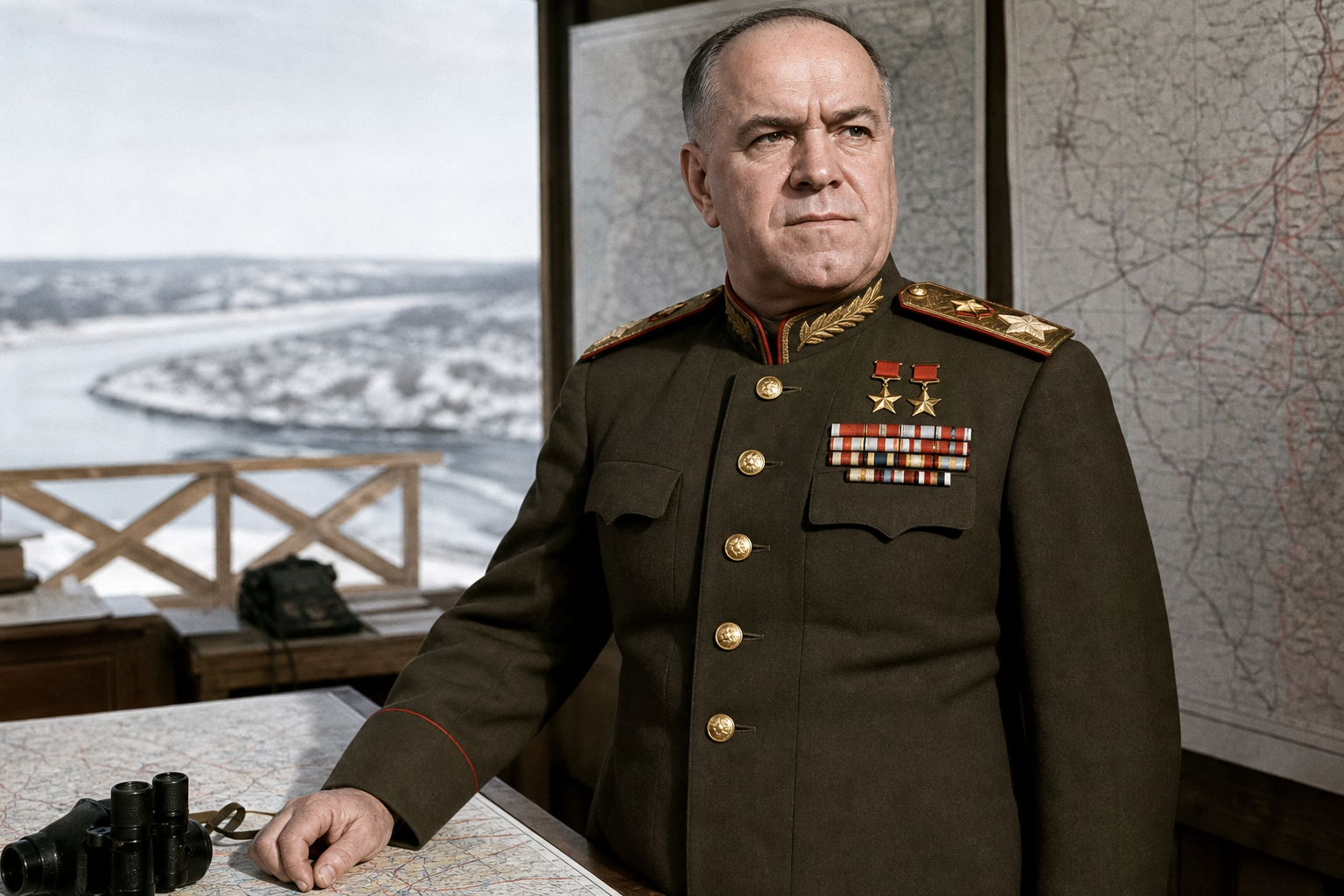 Retrato histórico educativo de um marechal soviético diante de mapas militares e paisagem de inverno