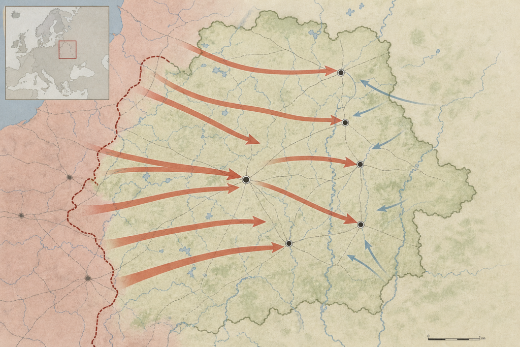 Mapa dos principais eixos da Operação Bagration na Bielorrússia em 1944