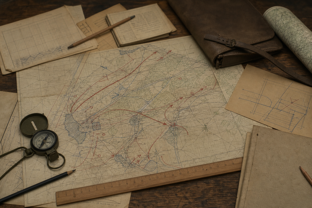 Documento e materiais de planejamento logístico em mesa de campanha da Segunda Guerra Mundial