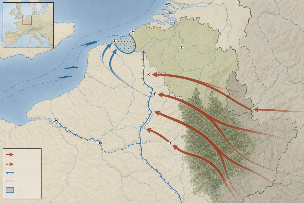 Mapa da ofensiva alemã de 1940 que cercou forças aliadas em Dunkirk