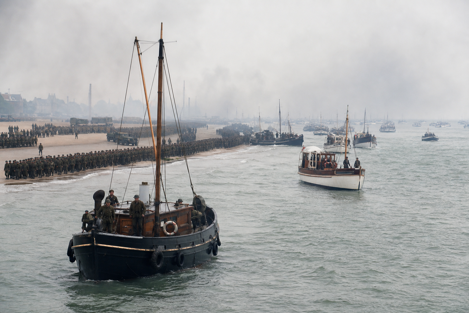 Pequenos barcos e navios militares durante a evacuação de Dunkirk em 1940