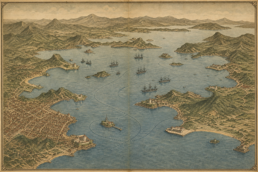 Mapa da Baía de Guanabara com pontos estratégicos da Revolta da Armada