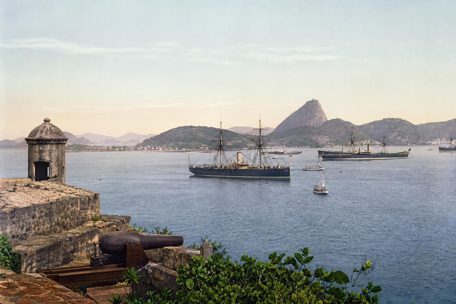 Navios militares históricos na Baía de Guanabara durante o período da Revolta da Armada