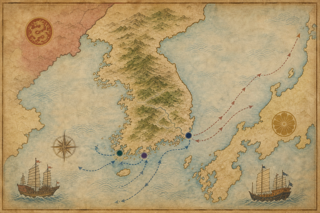 Mapa da península coreana com locais importantes da Guerra Imjin ligados a Yi Sun-sin