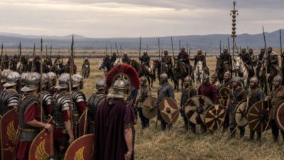 Tropas romanas tardias e guerreiros godos em formação antes da Batalha de Adrianópolis de 378