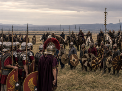 Tropas romanas tardias e guerreiros godos em formação antes da Batalha de Adrianópolis de 378