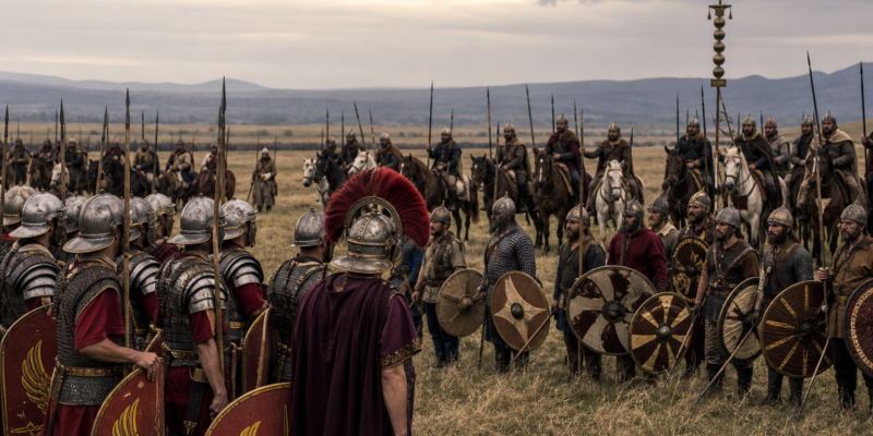 Tropas romanas tardias e guerreiros godos em formação antes da Batalha de Adrianópolis de 378