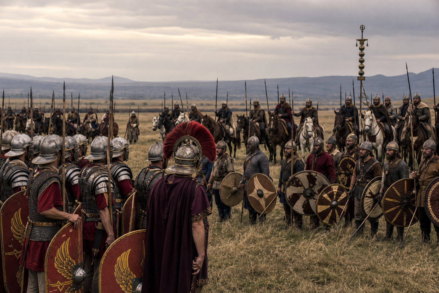 Tropas romanas tardias e guerreiros godos em formação antes da Batalha de Adrianópolis de 378
