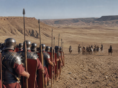 Legionários romanos em formação observam arqueiros montados partas à distância na paisagem árida de Carras