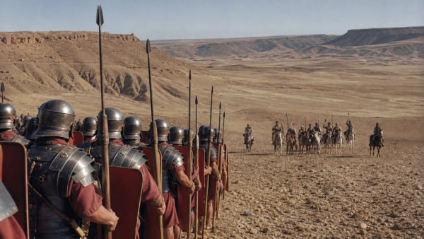 Legionários romanos em formação observam arqueiros montados partas à distância na paisagem árida de Carras