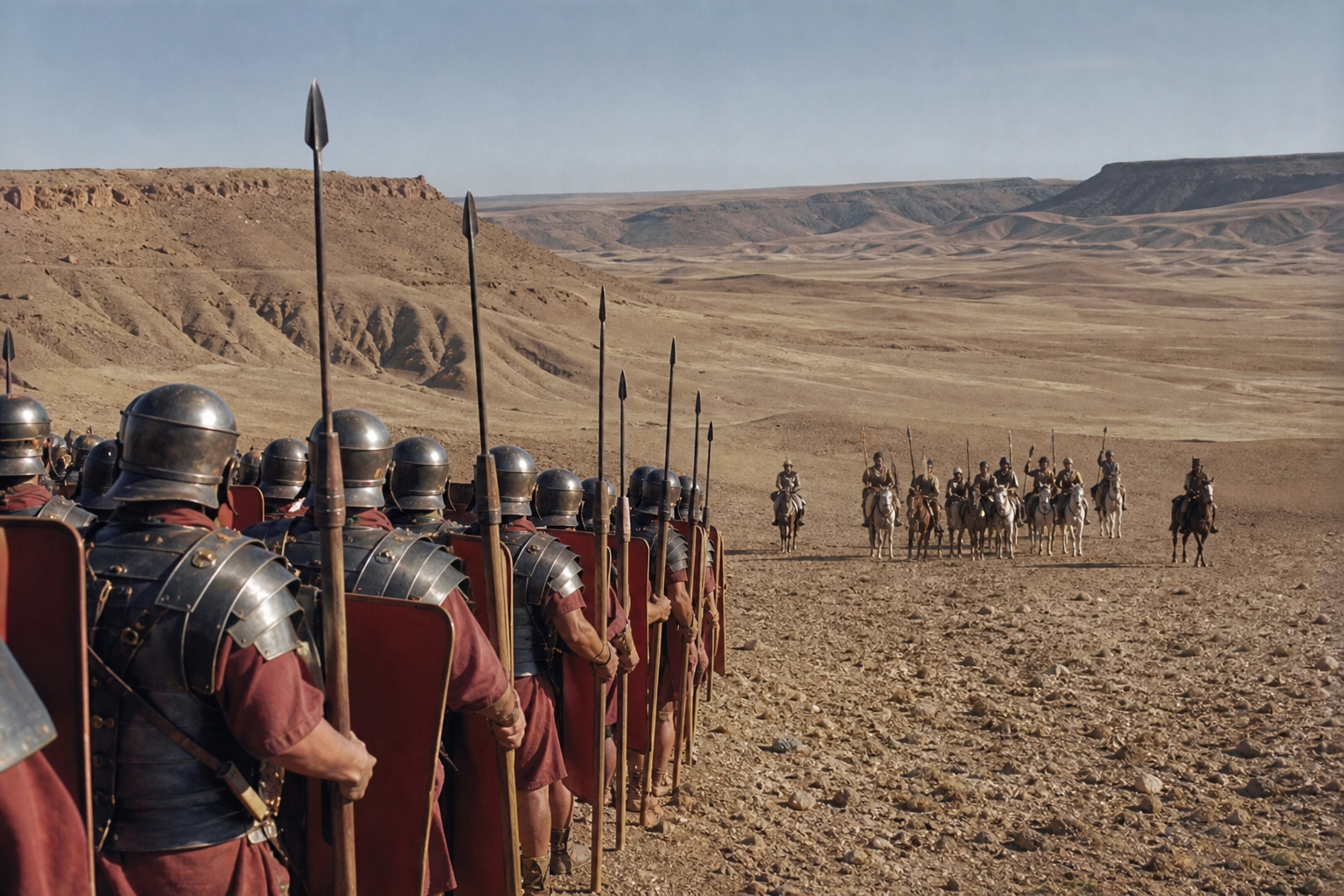 Legionários romanos em formação observam arqueiros montados partas à distância na paisagem árida de Carras