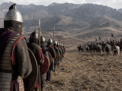 Representação histórica da Batalha de Manzikert com soldados bizantinos e cavaleiros seljúcidas na Anatólia