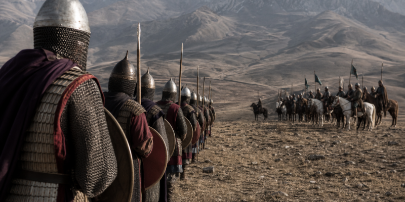 Representação histórica da Batalha de Manzikert com soldados bizantinos e cavaleiros seljúcidas na Anatólia