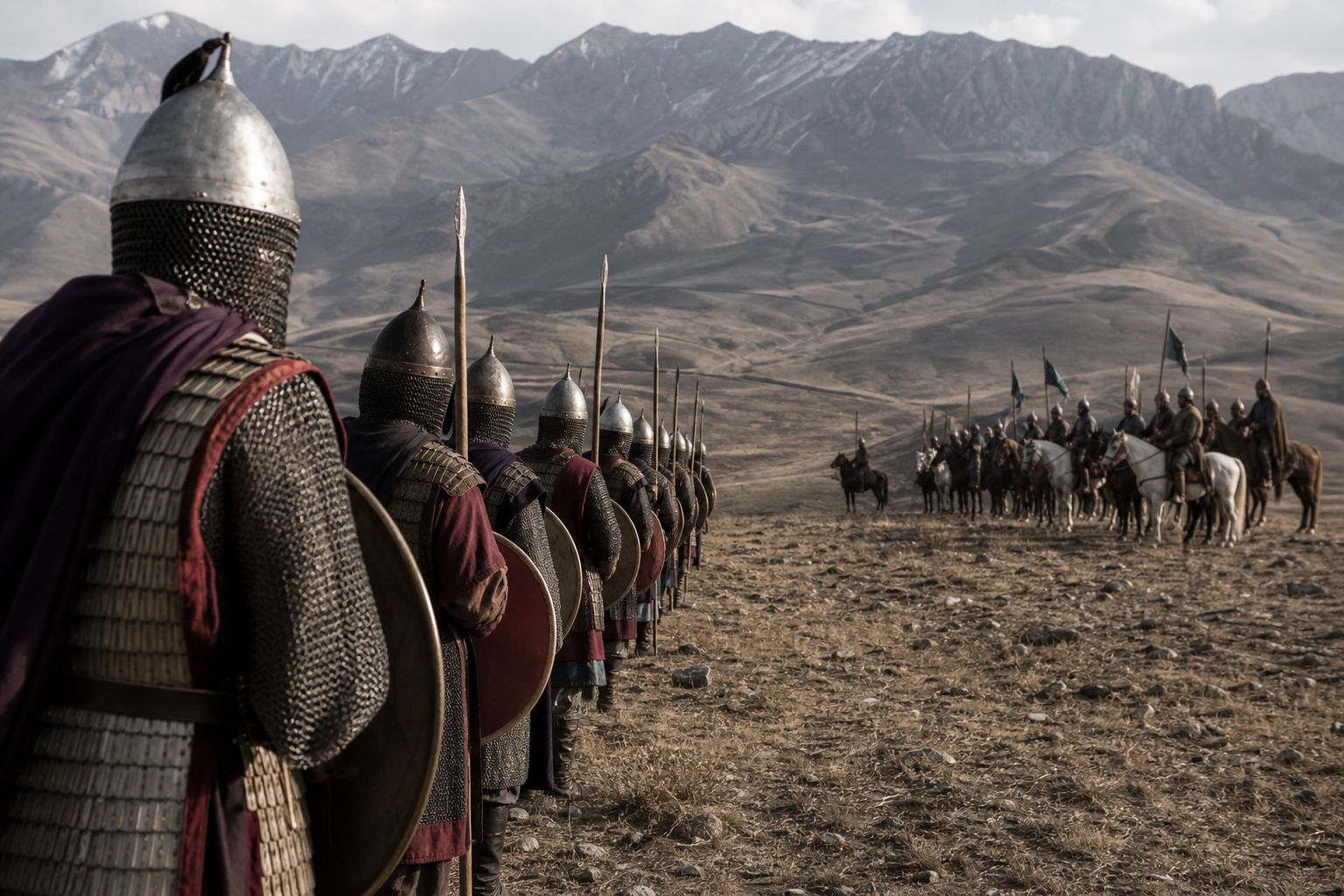 Representação histórica da Batalha de Manzikert com soldados bizantinos e cavaleiros seljúcidas na Anatólia
