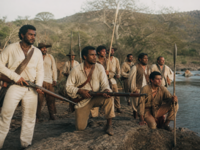 Representação histórica de combatentes brasileiros na região rural do Piauí durante a Batalha do Jenipapo.