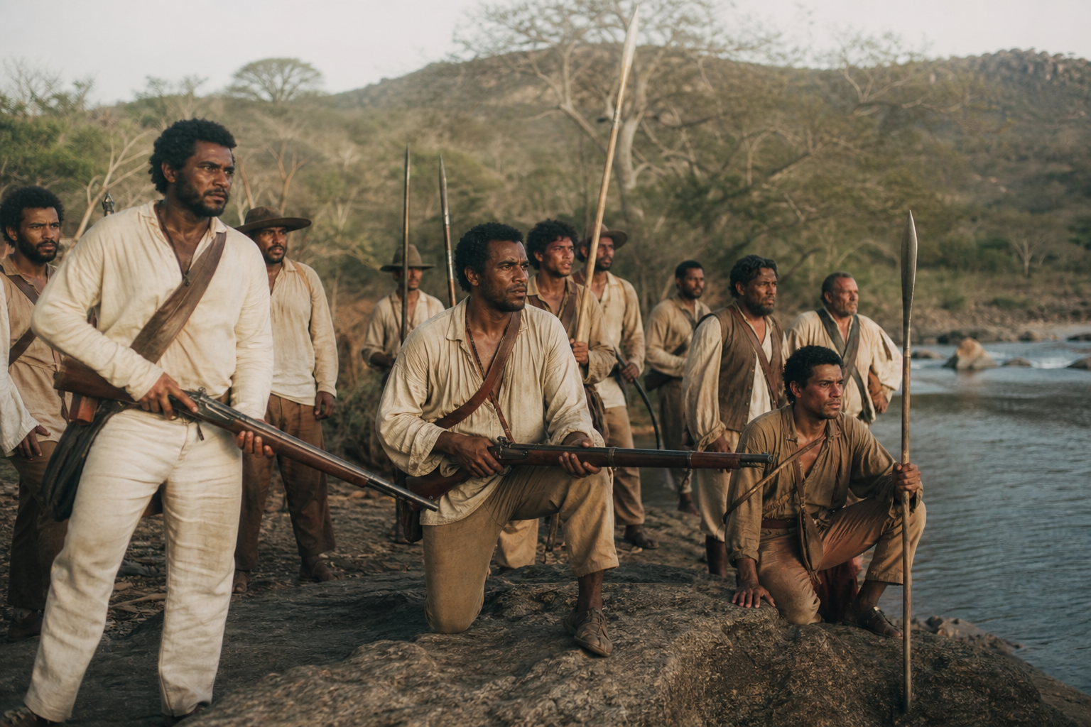 Representação histórica de combatentes brasileiros na região rural do Piauí durante a Batalha do Jenipapo.