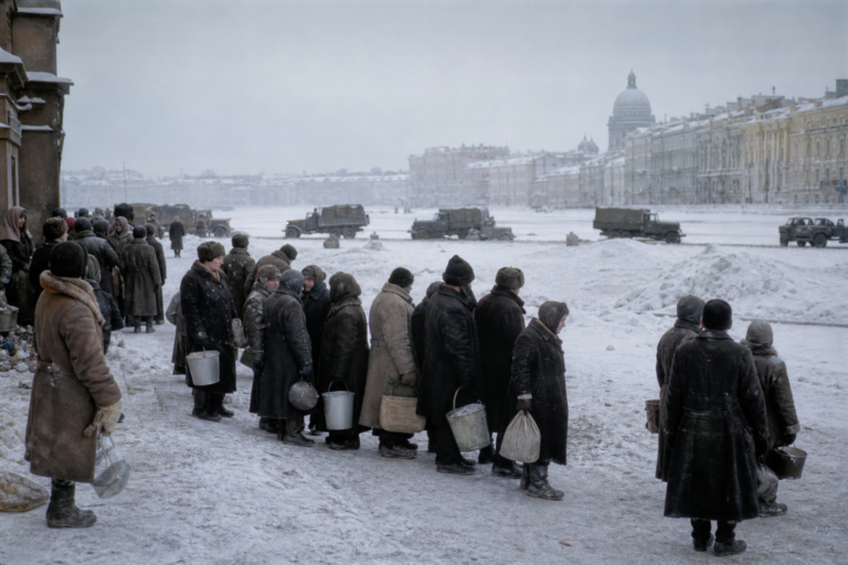 Cidade nevada durante o Cerco de Leningrado com fila de suprimentos e caminhões ao longe
