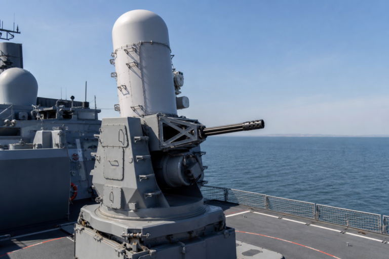 Sistema CIWS Phalanx instalado no convés de um navio militar moderno em mar calmo.