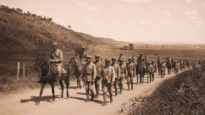 Representação histórica de soldados da Coluna Prestes marchando por estrada rural brasileira nos anos 1920