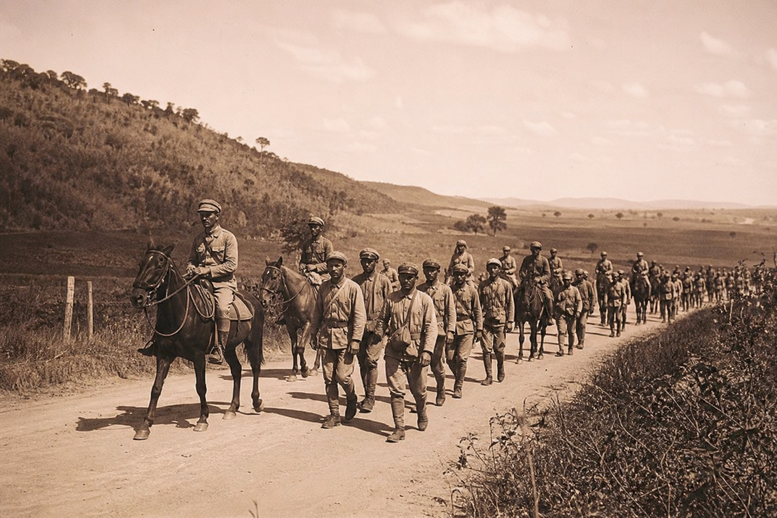 Representação histórica de soldados da Coluna Prestes marchando por estrada rural brasileira nos anos 1920