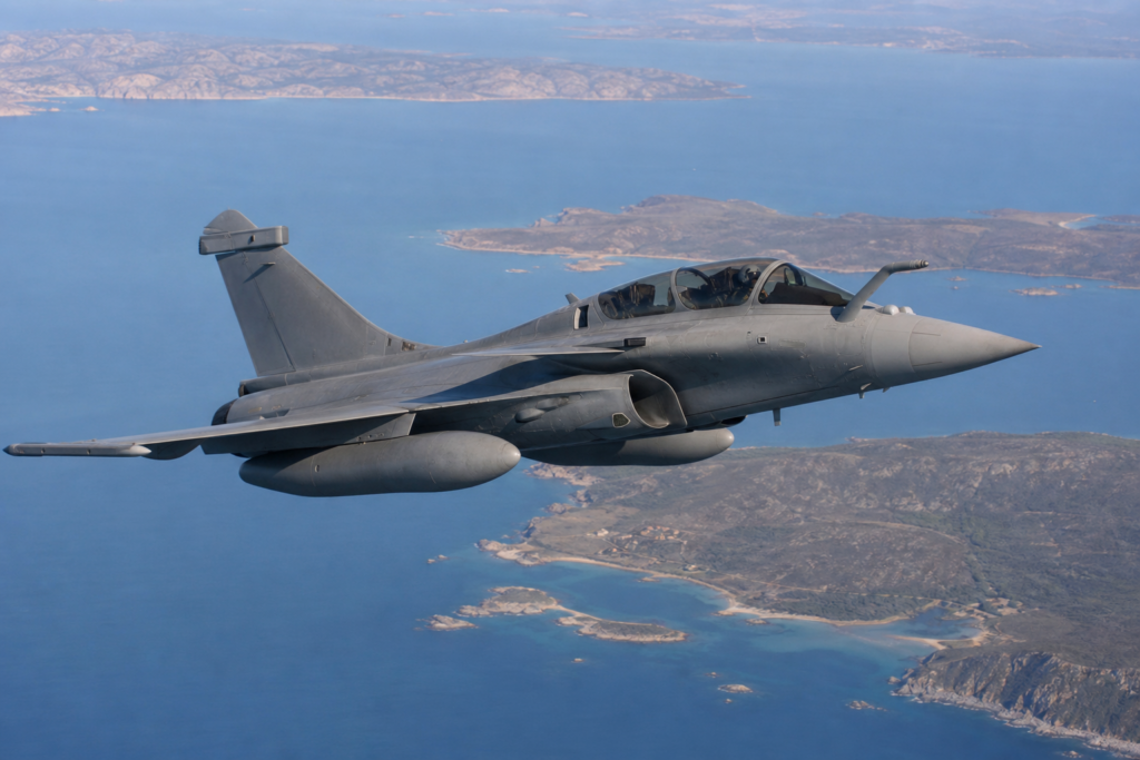 Dassault Rafale em voo sobre uma paisagem costeira, sem armas em uso