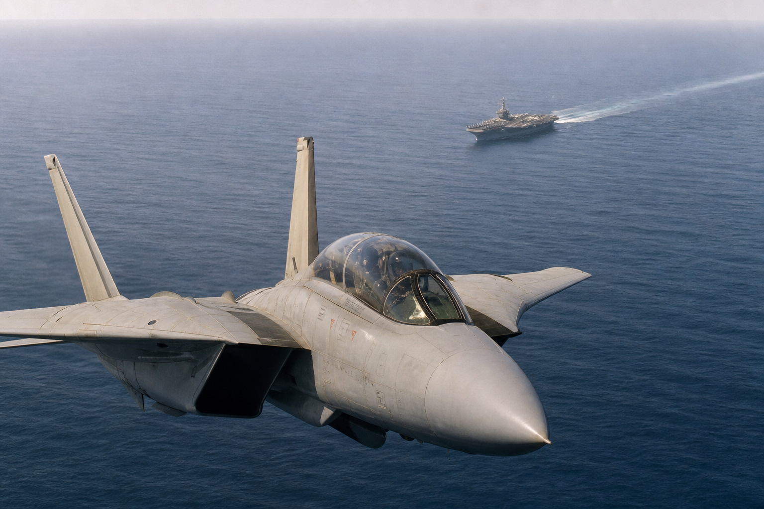 F-14 Tomcat em voo sobre o mar com porta-aviões ao fundo