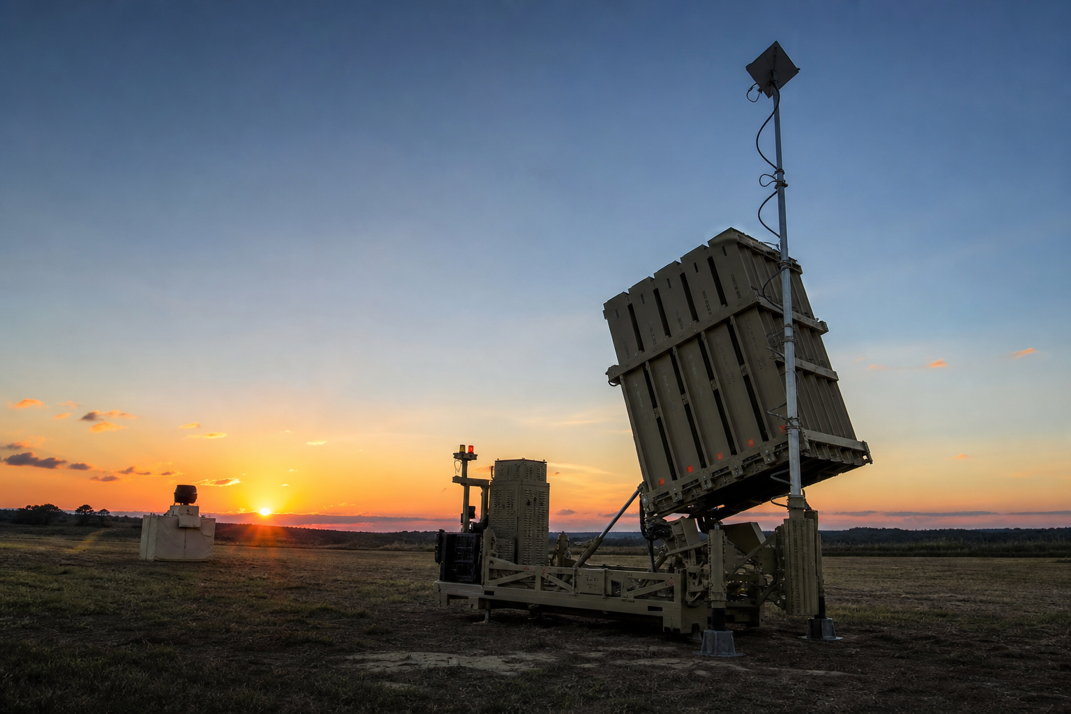 Bateria moderna de defesa aérea em terreno aberto ao entardecer, representando o sistema Iron Dome de forma educativa