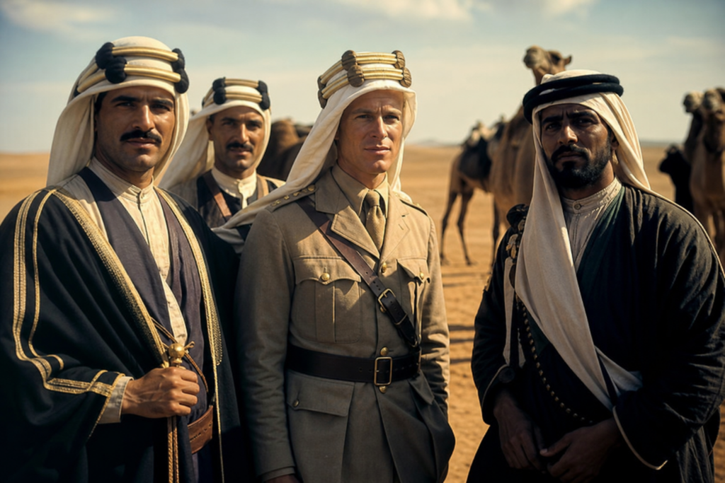 Representação histórica de Lawrence da Arábia ao lado de aliados árabes no deserto durante a Primeira Guerra Mundial