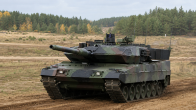 Tanque Leopard 2 em campo de treinamento europeu cercado por árvores