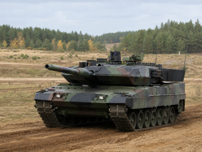 Tanque Leopard 2 em campo de treinamento europeu cercado por árvores
