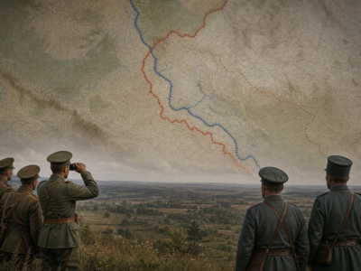 Mapa histórico estilizado da Frente Oriental em 1916 durante a Ofensiva Brusilov, sem cenas de violência gráfica