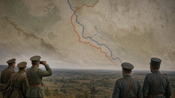 Mapa histórico estilizado da Frente Oriental em 1916 durante a Ofensiva Brusilov, sem cenas de violência gráfica