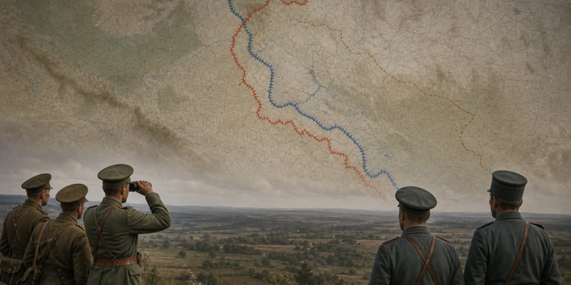 Mapa histórico estilizado da Frente Oriental em 1916 durante a Ofensiva Brusilov, sem cenas de violência gráfica