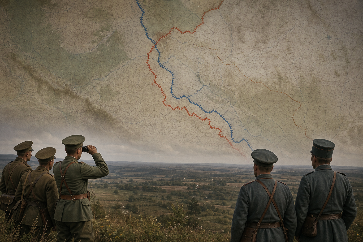 Mapa histórico estilizado da Frente Oriental em 1916 durante a Ofensiva Brusilov, sem cenas de violência gráfica