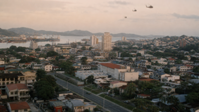 Vista urbana do Panamá no fim dos anos 1980 com helicópteros militares ao longe durante a Operação Just Cause