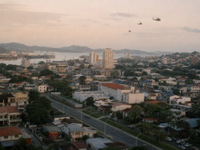 Vista urbana do Panamá no fim dos anos 1980 com helicópteros militares ao longe durante a Operação Just Cause