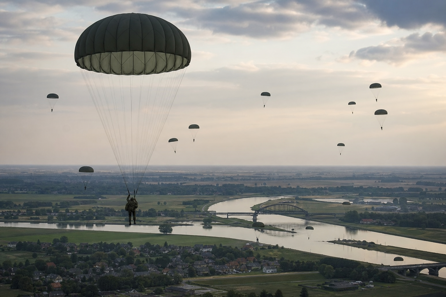 Paraquedistas aliados descendo sobre campos e pontes nos Países Baixos durante a Operação Market Garden