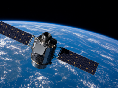 Satélite de observação em órbita sobre a Terra com painéis solares e horizonte azul.