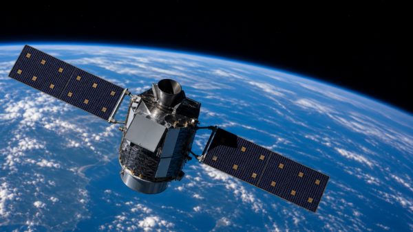 Satélite de observação em órbita sobre a Terra com painéis solares e horizonte azul.