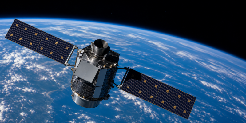 Satélite de observação em órbita sobre a Terra com painéis solares e horizonte azul.