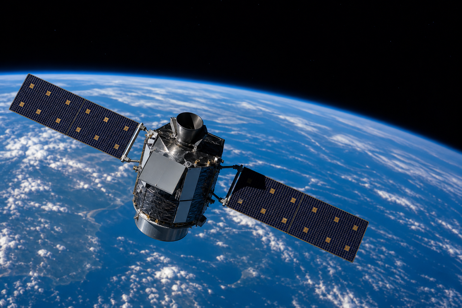 Satélite de observação em órbita sobre a Terra com painéis solares e horizonte azul.