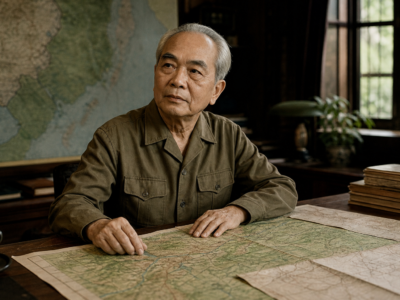 Retrato educativo inspirado em Võ Nguyên Giáp em sala de estudo com mapas militares do Vietnã.