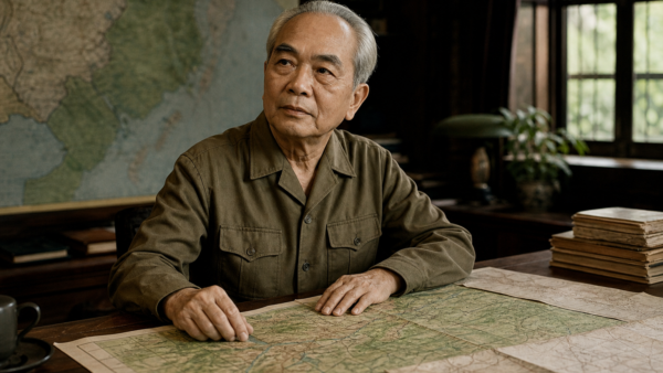 Retrato educativo inspirado em Võ Nguyên Giáp em sala de estudo com mapas militares do Vietnã.