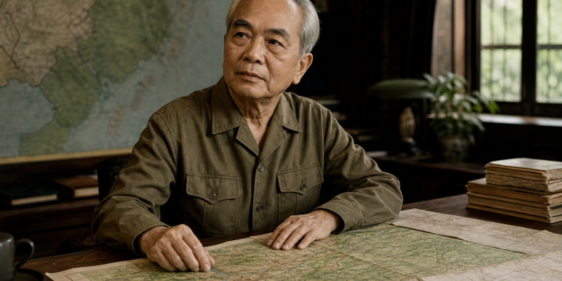 Retrato educativo inspirado em Võ Nguyên Giáp em sala de estudo com mapas militares do Vietnã.