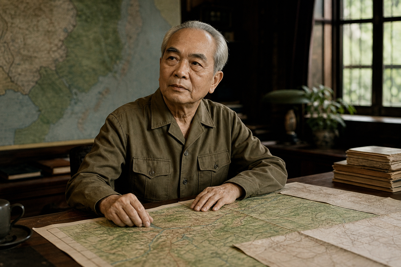 Retrato educativo inspirado em Võ Nguyên Giáp em sala de estudo com mapas militares do Vietnã.